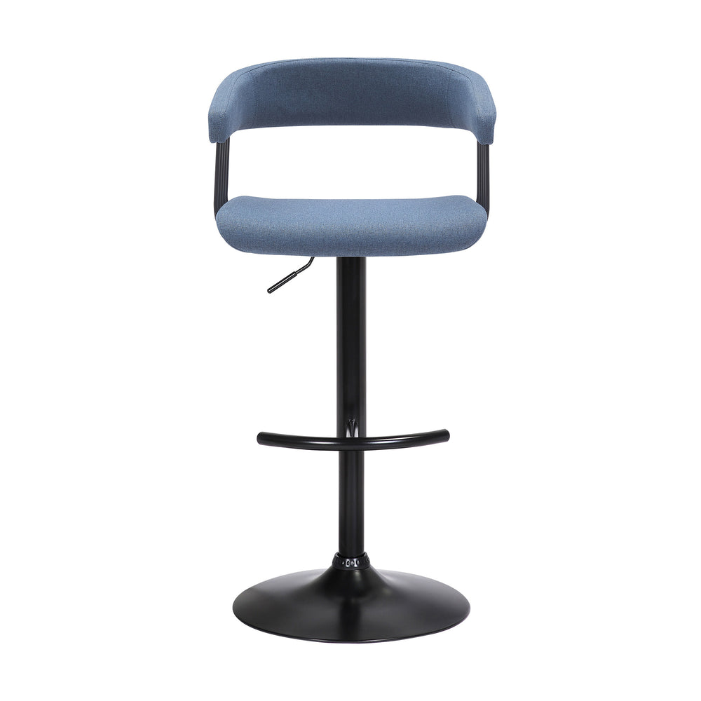 Homeroots Blue And Black Fabric With Metal Swivel Adjustable Height Bar Chair   534475