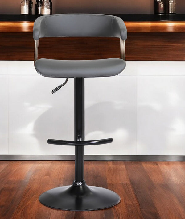 Homeroots Gray And Black Faux Leather With Metal Swivel Adjustable Height Bar Chair   534476