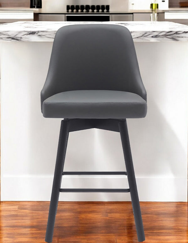 Homeroots 26" Gray And Black Faux Leather With Solid Wood Swivel Counter Height Bar Chair   534478
