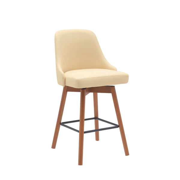 Homeroots 26" Cream And Wood Brown Faux Leather With Solid Wood Swivel Counter Height Bar Chair   534480