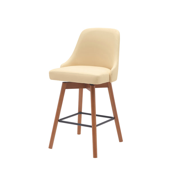 Homeroots 26" Cream And Wood Brown Faux Leather With Solid Wood Swivel Counter Height Bar Chair   534480