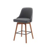 Homeroots 26" Gray And Wood Brown Faux Leather With Solid Wood Swivel Counter Height Bar Chair   534481