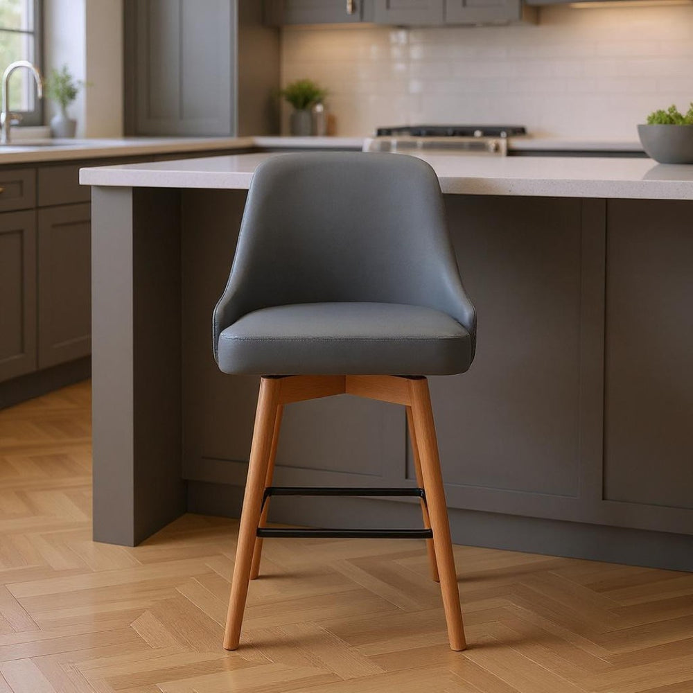 HomeRoots 26" Gray Faux Leather Swivel Bar Chair with Solid Wood Legs - Modern Comfort for Your Kitchen! 534481