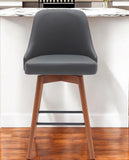 Homeroots 26" Gray And Wood Brown Faux Leather With Solid Wood Swivel Counter Height Bar Chair   534481