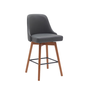 Homeroots 26" Gray And Wood Brown Faux Leather With Solid Wood Swivel Counter Height Bar Chair   534481