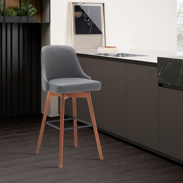 HomeRoots 26" Gray Faux Leather Swivel Bar Chair with Solid Wood Legs - Modern Comfort for Your Kitchen! 534481
