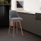 Homeroots 26" Gray And Wood Brown Faux Leather With Solid Wood Swivel Counter Height Bar Chair   534481