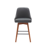 Homeroots 26" Gray And Wood Brown Faux Leather With Solid Wood Swivel Counter Height Bar Chair   534481