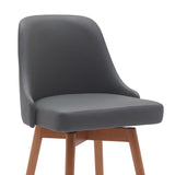 Homeroots 26" Gray And Wood Brown Faux Leather With Solid Wood Swivel Counter Height Bar Chair   534481