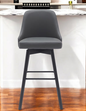 Homeroots 30" Gray And Black Faux Leather With Solid Wood Swivel Bar Height Bar Chair   534482
