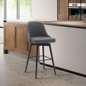 Homeroots 30" Gray And Black Faux Leather With Solid Wood Swivel Bar Height Bar Chair   534482