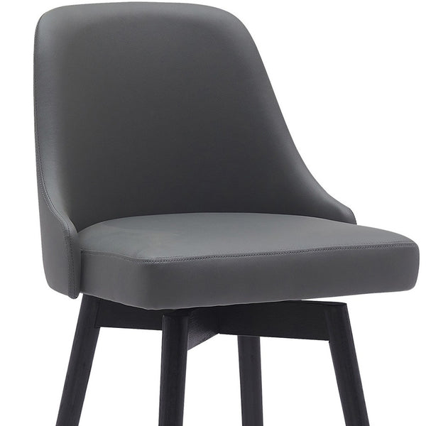 Homeroots 30" Gray And Black Faux Leather With Solid Wood Swivel Bar Height Bar Chair   534482