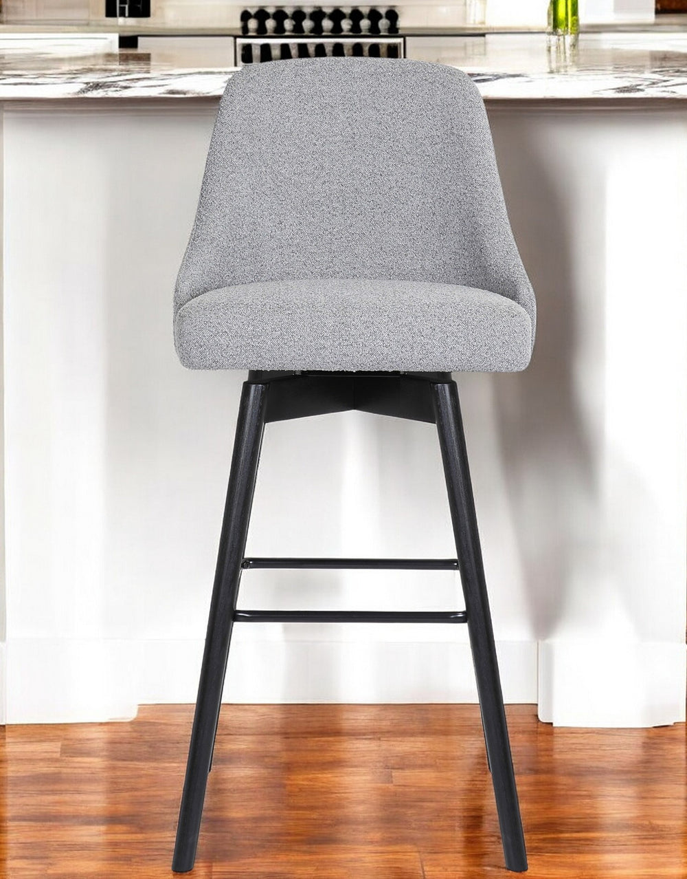 Homeroots 30" Light Gray And Black Fabric With Solid Wood Swivel Bar Height Bar Chair   534483