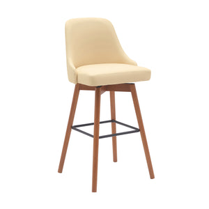 Homeroots 30" Cream And Wood Brown Faux Leather With Solid Wood Swivel Bar Height Bar Chair   534484