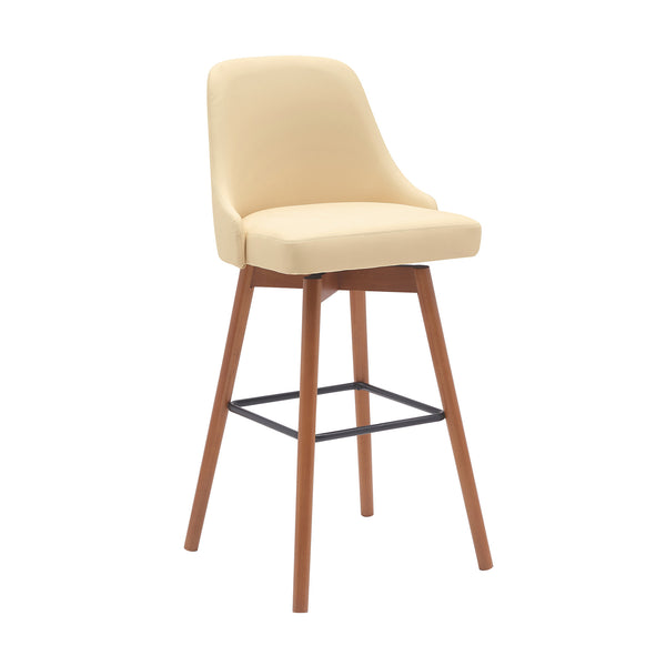 Homeroots 30" Cream And Wood Brown Faux Leather With Solid Wood Swivel Bar Height Bar Chair   534484