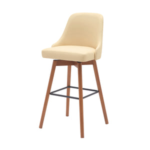 Homeroots 30" Cream And Wood Brown Faux Leather With Solid Wood Swivel Bar Height Bar Chair   534484