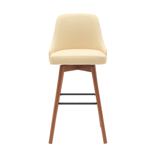 Homeroots 30" Cream And Wood Brown Faux Leather With Solid Wood Swivel Bar Height Bar Chair   534484