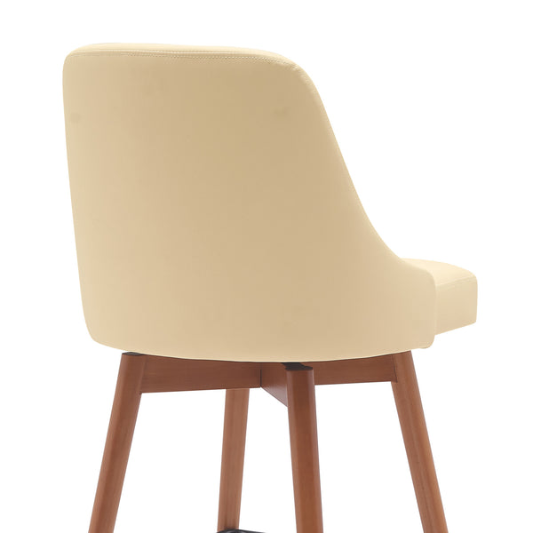 Homeroots 30" Cream And Wood Brown Faux Leather With Solid Wood Swivel Bar Height Bar Chair   534484