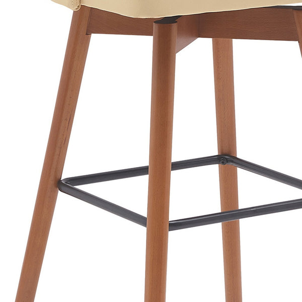 Homeroots 30" Cream And Wood Brown Faux Leather With Solid Wood Swivel Bar Height Bar Chair   534484