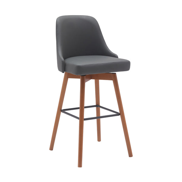 Homeroots 30" Gray And Wood Brown Faux Leather With Solid Wood Swivel Bar Height Bar Chair   534485