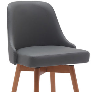 Homeroots 30" Gray And Wood Brown Faux Leather With Solid Wood Swivel Bar Height Bar Chair   534485