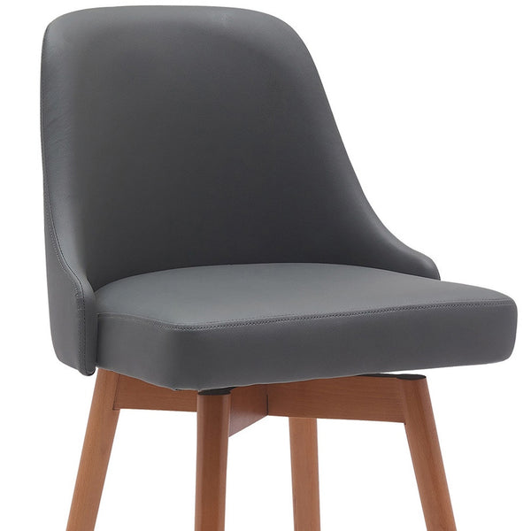 Homeroots 30" Gray And Wood Brown Faux Leather With Solid Wood Swivel Bar Height Bar Chair   534485