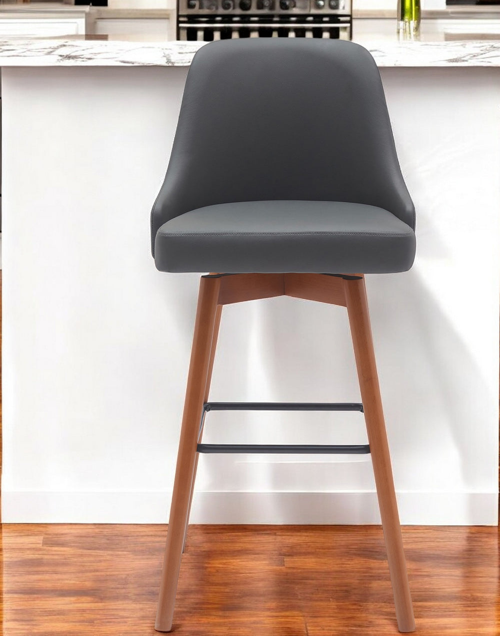 Homeroots 30" Gray And Wood Brown Faux Leather With Solid Wood Swivel Bar Height Bar Chair   534485