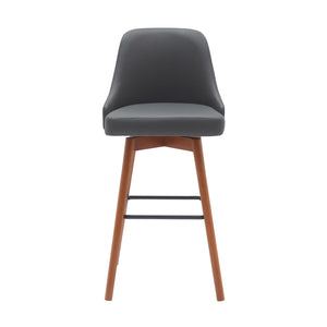 Homeroots 30" Gray And Wood Brown Faux Leather With Solid Wood Swivel Bar Height Bar Chair   534485