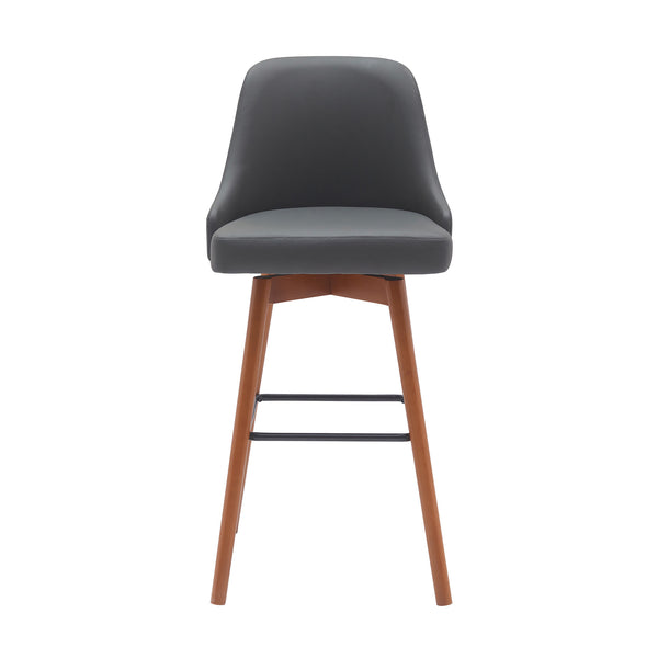 Homeroots 30" Gray And Wood Brown Faux Leather With Solid Wood Swivel Bar Height Bar Chair   534485