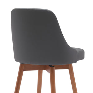 Homeroots 30" Gray And Wood Brown Faux Leather With Solid Wood Swivel Bar Height Bar Chair   534485