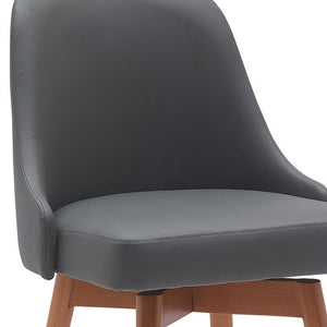 Homeroots 30" Gray And Wood Brown Faux Leather With Solid Wood Swivel Bar Height Bar Chair   534485