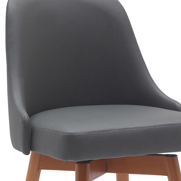 Homeroots 30" Gray And Wood Brown Faux Leather With Solid Wood Swivel Bar Height Bar Chair   534485