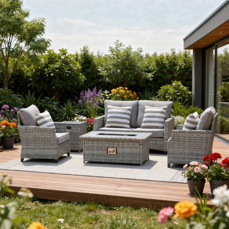 HomeRoots Five Piece Rattan Outdoor Sectional Set with Propane Fire Pit Conversation 534486