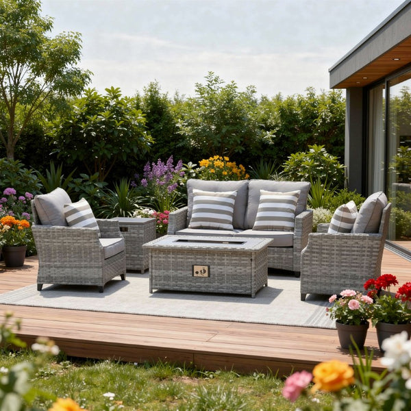 Five Piece Rattan Outdoor Sectional Set with Propane Fire Pit Conversation