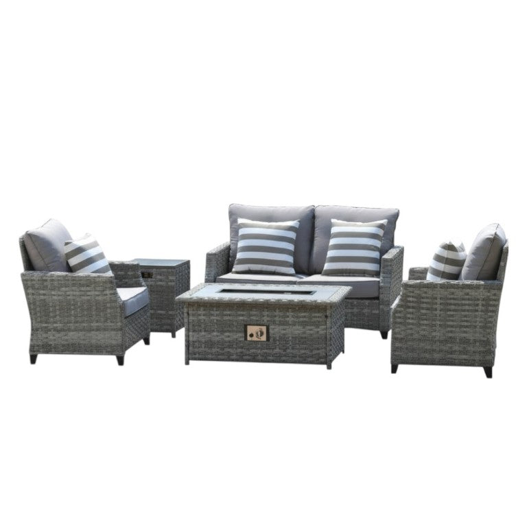 HomeRoots Five Piece Rattan Outdoor Sectional Set with Propane Fire Pit Conversation 534486