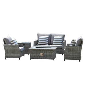 HomeRoots Five Piece Rattan Outdoor Sectional Set with Propane Fire Pit Conversation 534486