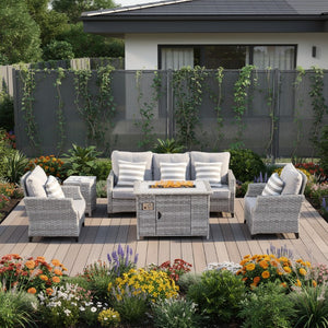 Five Piece Outdoor Rattan Conversation Set with Built-in Fire Pit Patio Table