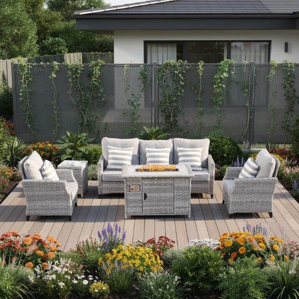 Five Piece Outdoor Rattan Conversation Set with Built-in Fire Pit Patio Table