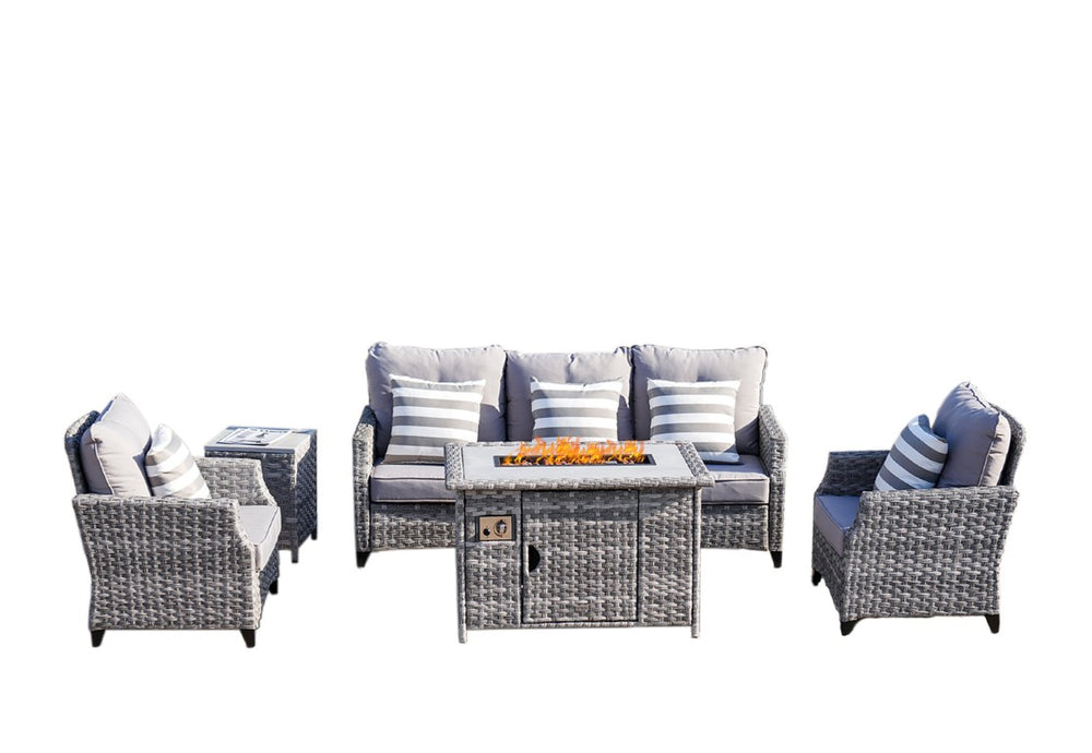 HomeRoots Five Piece Outdoor Rattan Conversation Set with Built-in Fire Pit Patio Table 534487