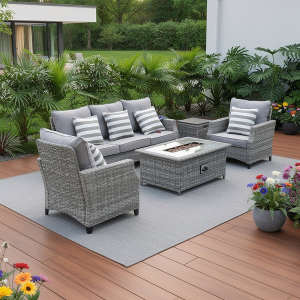 Five Piece Outdoor Rattan Conversation Set with Fire Pit Table for Patio