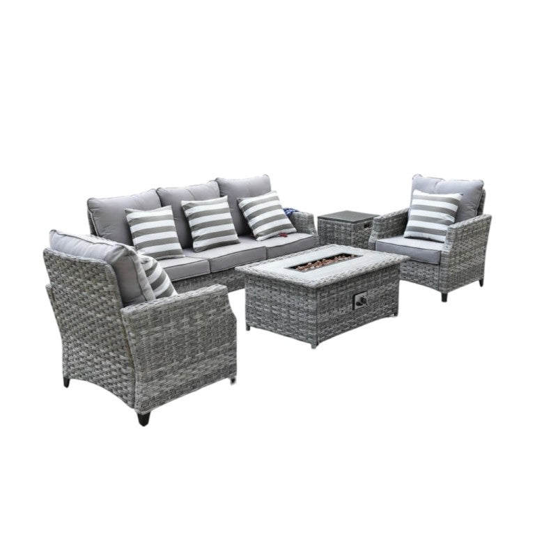 HomeRoots Five Piece Outdoor Rattan Conversation Set with Fire Pit Table for Patio 534488