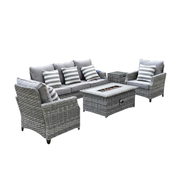 HomeRoots Five Piece Outdoor Rattan Conversation Set with Fire Pit Table for Patio 534488