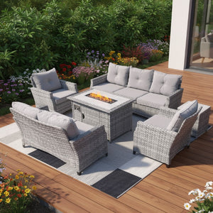 Six Piece Rattan Outdoor Sectional Set with Built-in Fire Pit Conversation Area