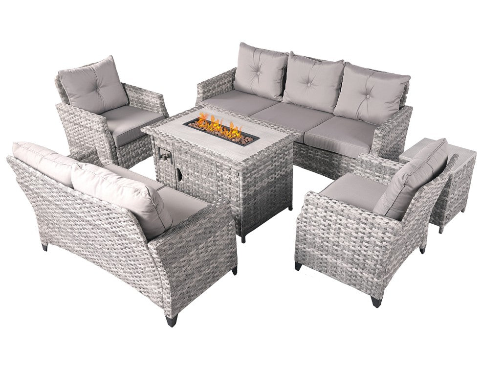 HomeRoots Six Piece Rattan Outdoor Sectional Set with Built-in Fire Pit Conversation Area 534489