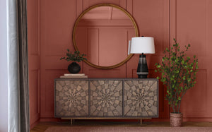 Basset Mirror Bates Server: Boho Chic Design With Sunburst Pattern, Solid Mango Wood & Hand-hammered Iron Base Brown Wood 5345-dr-576
