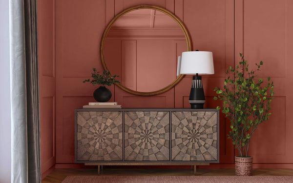 Basset Mirror Bates Server: Boho Chic Design With Sunburst Pattern, Solid Mango Wood & Hand-hammered Iron Base Brown Wood 5345-dr-576