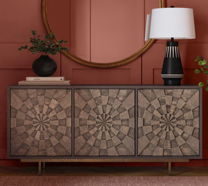 Basset Mirror Bates Server: Boho Chic Design With Sunburst Pattern, Solid Mango Wood & Hand-hammered Iron Base Brown Wood 5345-dr-576