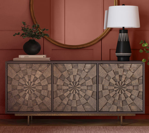Basset Mirror Bates Server: Boho Chic Design With Sunburst Pattern, Solid Mango Wood & Hand-hammered Iron Base Brown Wood 5345-dr-576