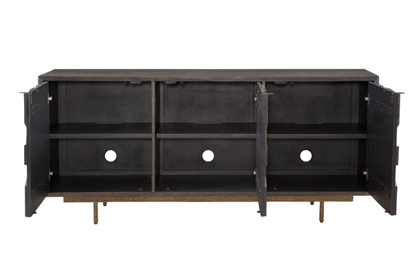 Basset Mirror Bates Server: Boho Chic Design With Sunburst Pattern, Solid Mango Wood & Hand-hammered Iron Base Brown Wood 5345-dr-576