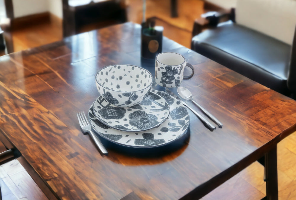 Homeroots Gray And Ivory Sixteen Piece Round Floral Ceramic Service For Four Dinnerware Set   534529